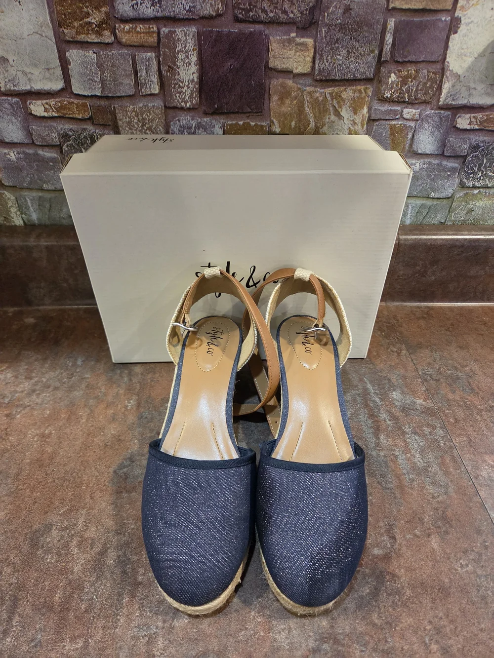 Style & Co. Navy Espadrille Slingback Wedges with Tan Straps